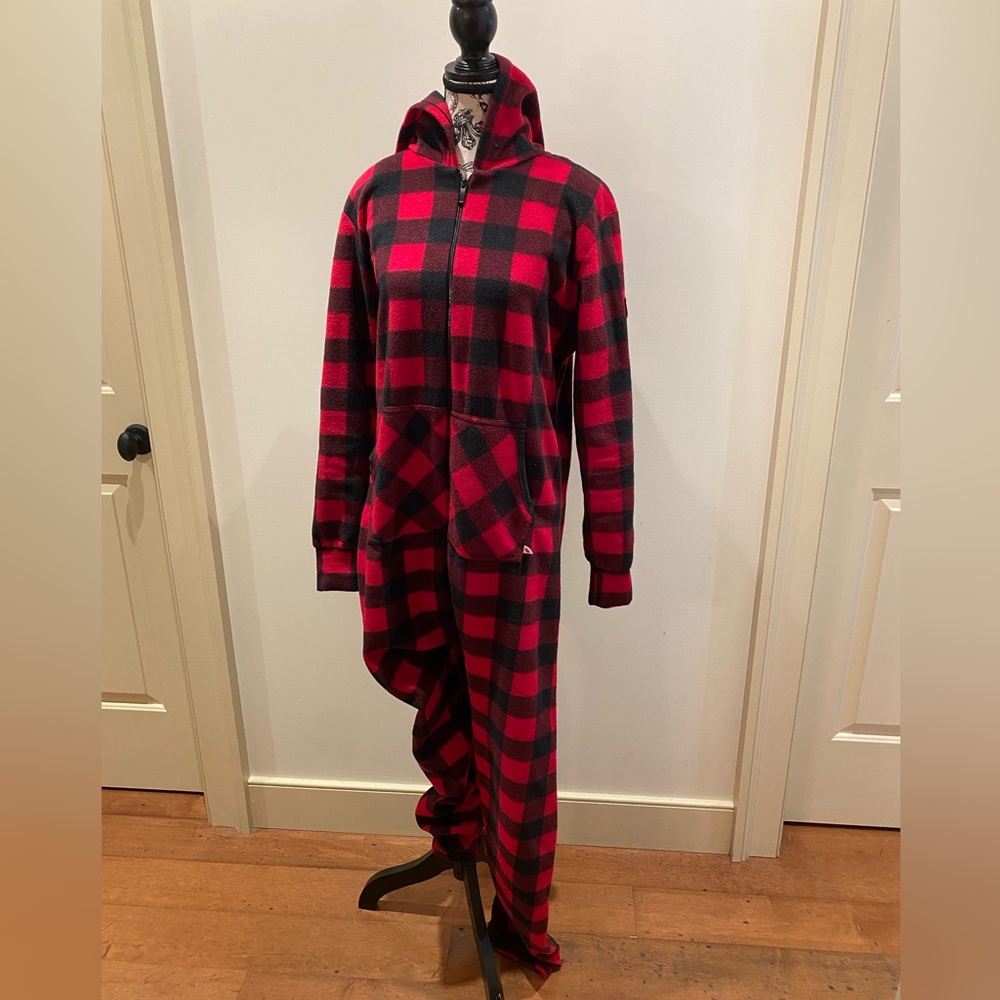 Red Buffalo Plaid Lumberjack Hooded Onesie with Pockets - Adult Size Med EC
